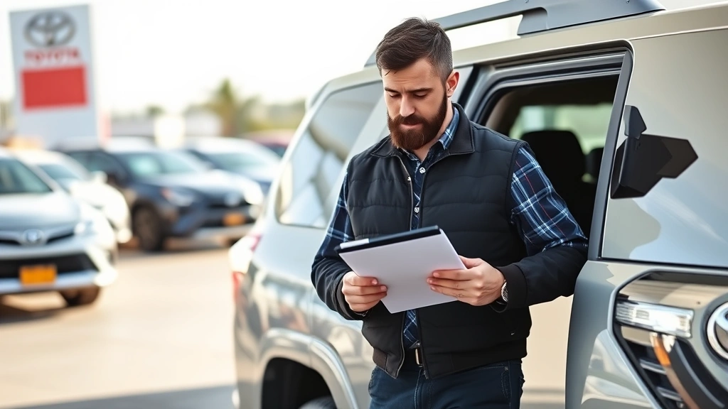 Professional automotive photographer examining Toyota 4Runner exterior in dealership lot, holding inspection clipboard, natural daylight, detailed vehicle condition assessment