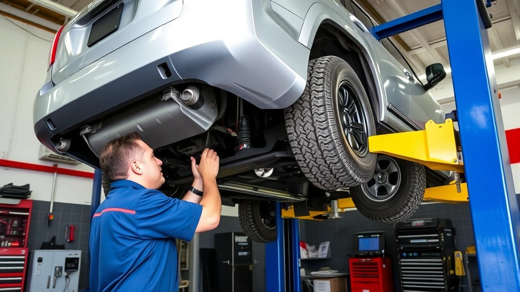 Mechanic performing undercarriage inspection of 4Runner on vehicle lift in professional service facility, checking suspension and mechanical components, diagnostic equipment visible
