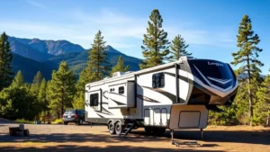 Luxury fifth wheel RV parked at scenic mountain campground with pine trees and clear sky, professional photography, daytime lighting, showing exterior design and modern amenities