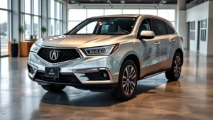 Luxury silver Acura MDX three-row SUV photographed from front three-quarter angle in upscale dealership showroom with modern lighting and polished concrete floors, emphasizing premium vehicle design and spacious interior visible through windows