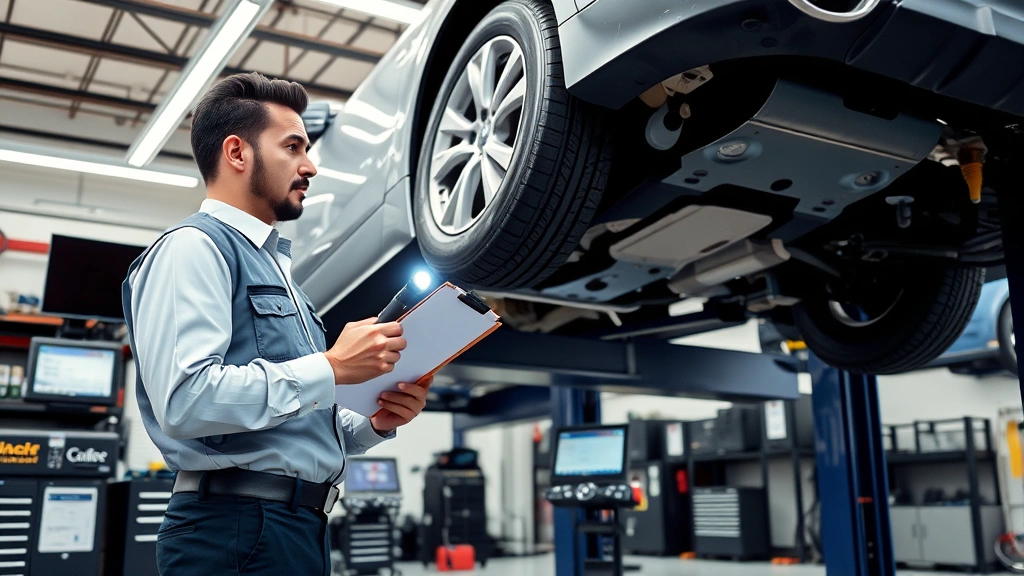 Professional automotive inspector using clipboard and flashlight examining vehicle undercarriage of luxury SUV on lift in well-equipped service facility, demonstrating thorough pre-purchase inspection procedures with diagnostic equipment visible