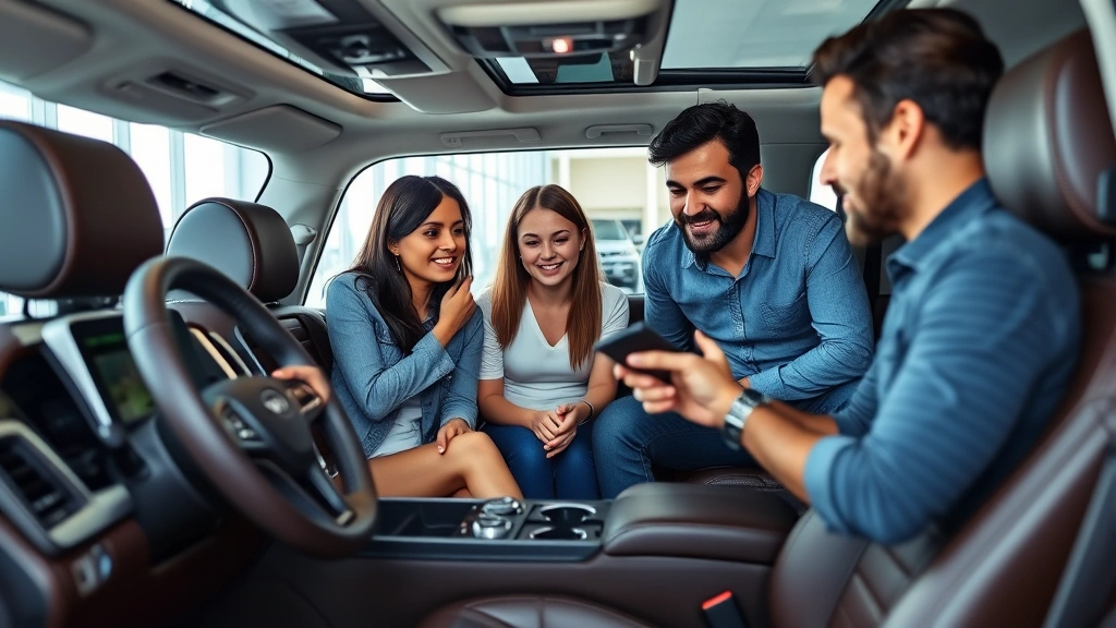 Diverse family of four examining interior features of spacious luxury SUV in dealership showroom, touching leather seats and examining infotainment display, representing satisfied buyers evaluating premium vehicle amenities