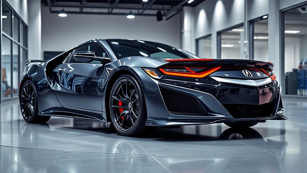 High-performance Acura NSX sports car parked in modern showroom with professional lighting, showcasing sleek design and aerodynamic curves, clean polished exterior reflecting overhead lights