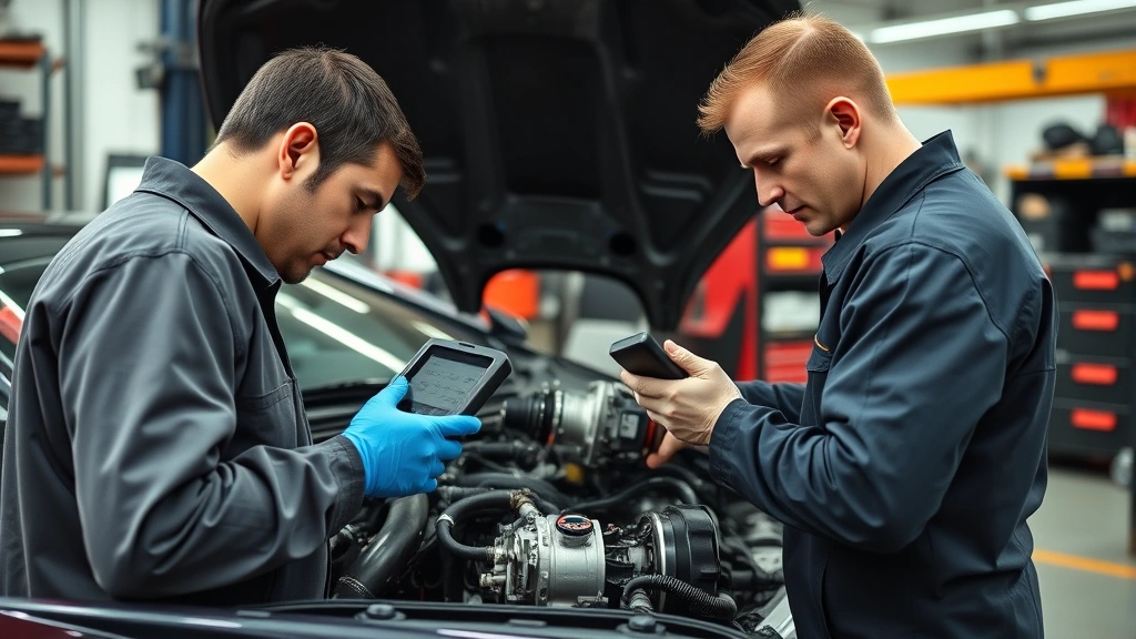 Automotive mechanic in professional service bay examining NSX engine components with diagnostic tools, detailed technical inspection of mechanical systems and engine bay