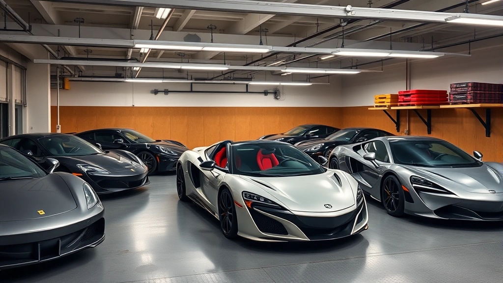 Multiple luxury sports cars including NSX models displayed in climate-controlled storage facility with proper lighting and security features, organized inventory management