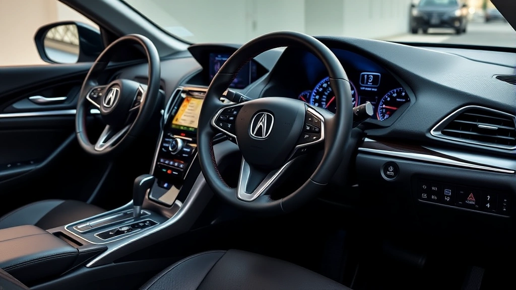 Detailed close-up of premium leather-appointed 2019 Acura RDX interior dashboard showing 10.2-inch infotainment screen, steering wheel controls, and ambient lighting without any visible text or signage