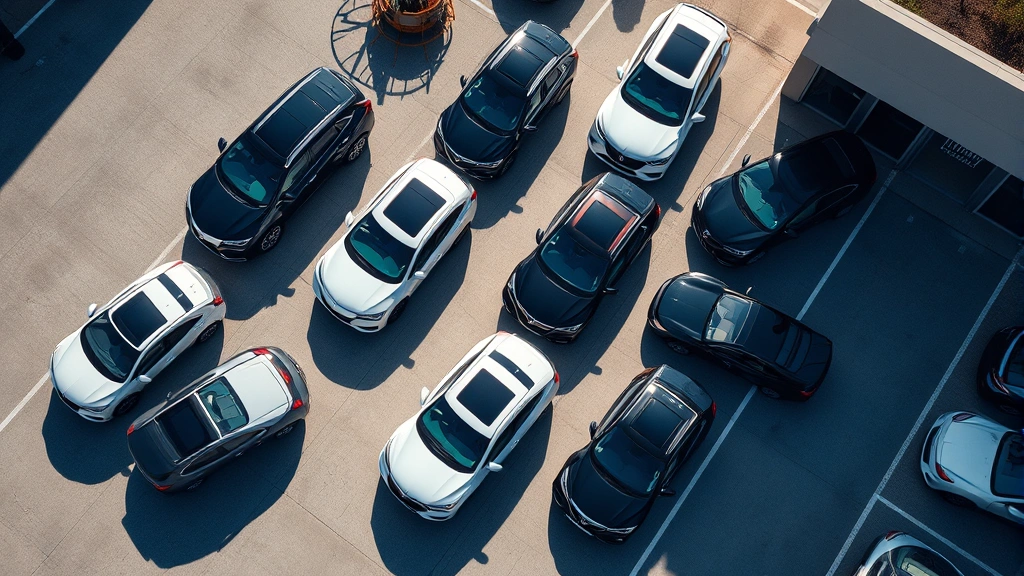 Overhead view of automotive dealership inventory lot displaying multiple luxury vehicles including RDX models arranged professionally with clean pavement and daylight, emphasizing scale and variety of inventory selection