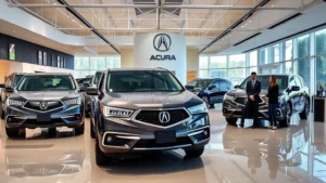 Professional luxury car dealership showroom interior showcasing multiple Acura SUVs on display with modern lighting and clean contemporary design, featuring sales consultants in business attire assisting customers