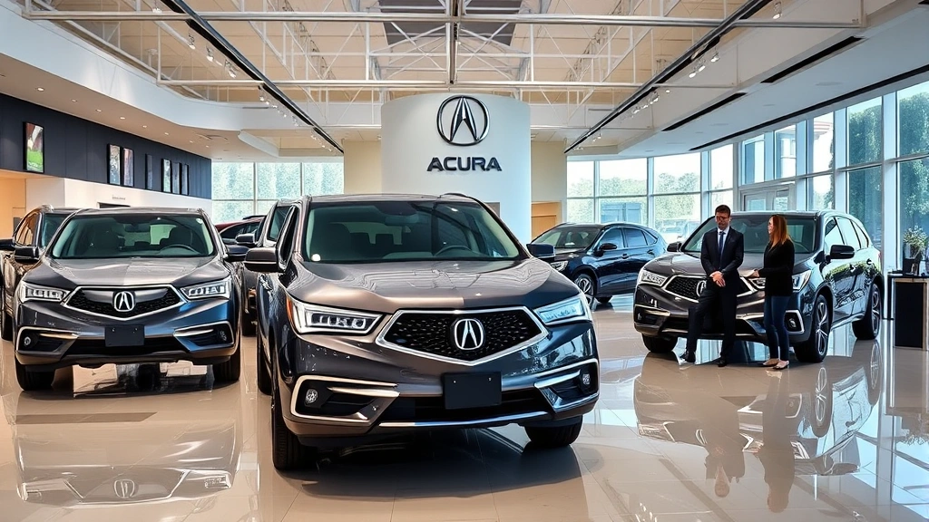 Professional luxury car dealership showroom interior showcasing multiple Acura SUVs on display with modern lighting and clean contemporary design, featuring sales consultants in business attire assisting customers
