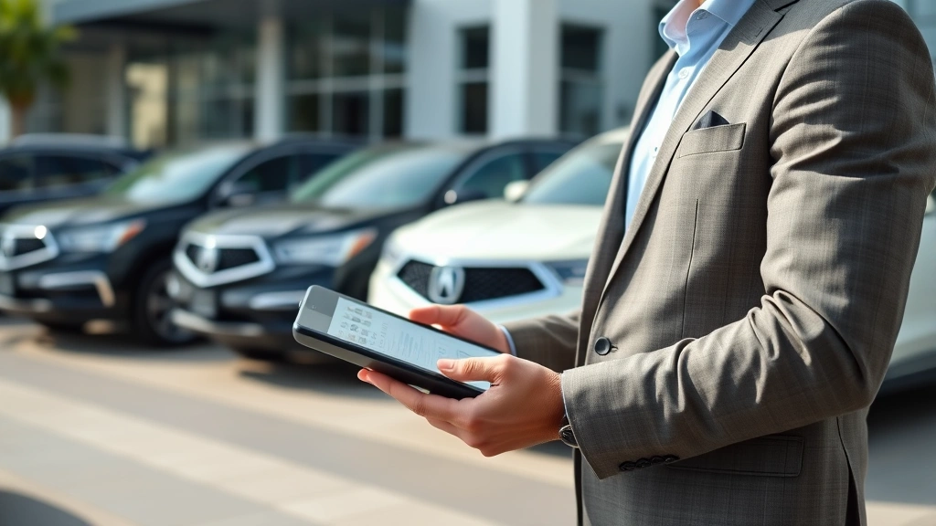 Close-up of dealership manager reviewing inventory management data on tablet computer while standing in front of organized vehicle lot with multiple Acura SUVs, natural daylight, professional business setting