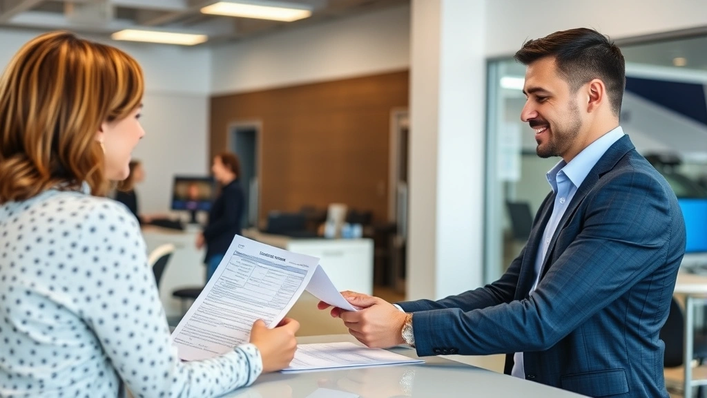Customer service representative at modern dealership service department desk assisting smiling customer with service paperwork, professional office environment with computer systems visible in background