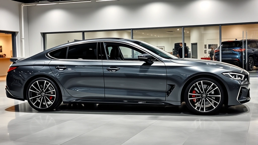 Luxury turbocharged sedan photographed from dynamic three-quarter angle, metallic gunmetal gray color, professional automotive showroom lighting, sleek aerodynamic design, premium leather interior visible through windows, high-end automotive photography style