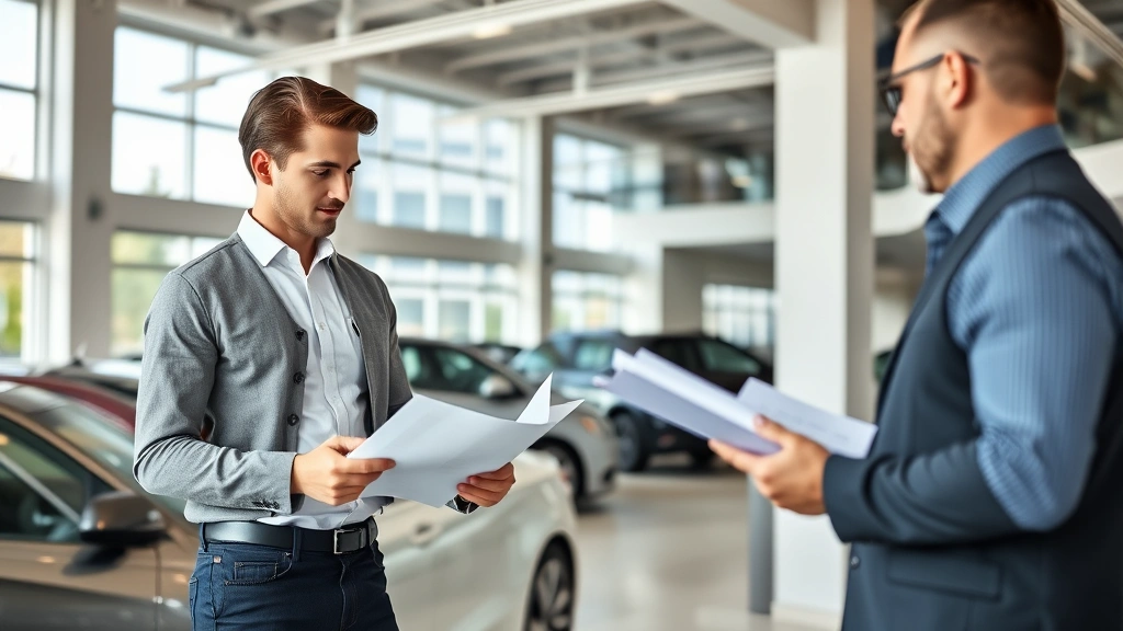 Young professional male examining luxury performance sedan in dealership showroom, reviewing documents with sales representative, modern dealership interior with floor-to-ceiling windows, confident buyer posture, professional business casual attire, natural daylight illumination