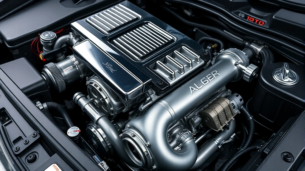 Close-up detail shot of turbocharged engine bay showing 3.0-liter V6 engine with chrome accents, precision engineering visible, professional mechanical photography, automotive technical documentation style, studio lighting emphasizing mechanical complexity