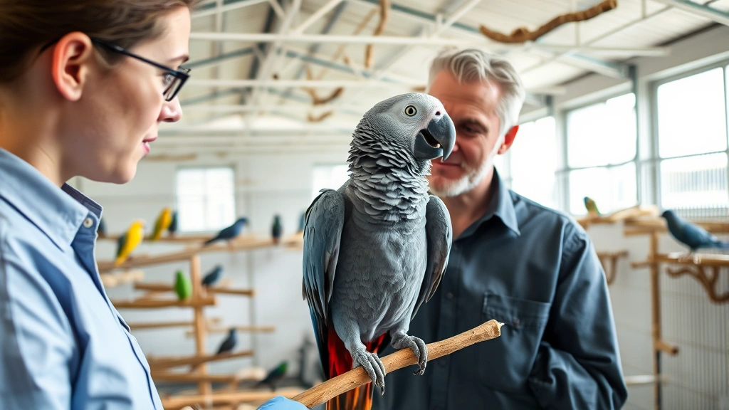 Professional avian breeder examining a vibrant grey parrot in a spacious, well-lit breeding facility with natural perches and enrichment items, demonstrating expertise and care standards