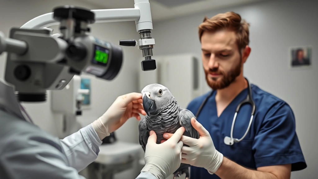 Experienced veterinarian conducting health examination of an African Grey parrot using specialized equipment in a modern avian medical clinic, showing professional healthcare practices