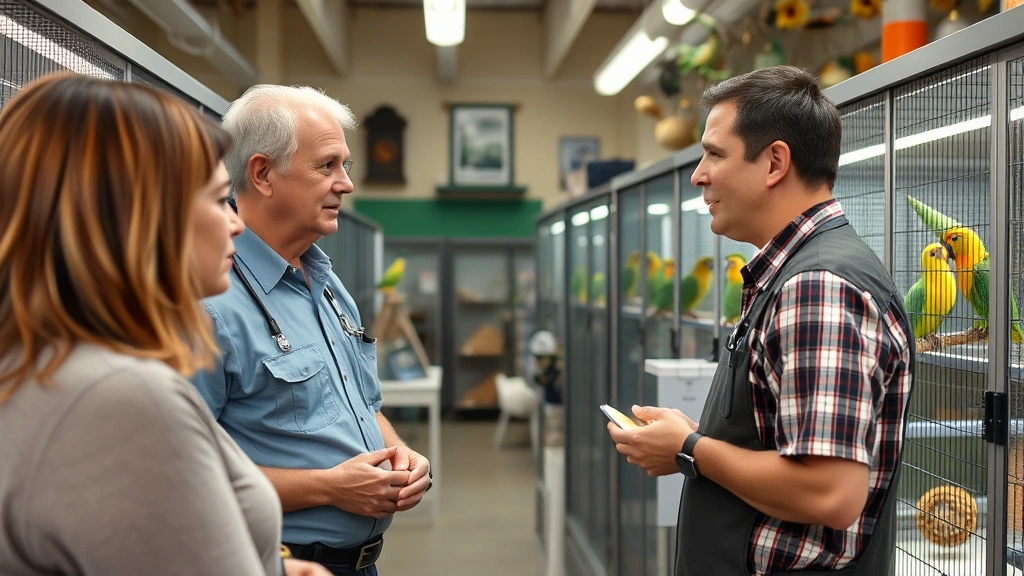 Knowledgeable pet retailer staff member interacting with customers in a specialized avian center featuring multiple bird enclosures with appropriate lighting, temperature controls, and enrichment materials