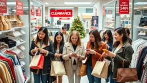 Professional overhead shot of a diverse group of shoppers comparing merchandise in a bright, modern retail store during post-holiday clearance event, holding shopping bags and examining discounted items with focused expressions, natural lighting highlighting price tags and clearance signage