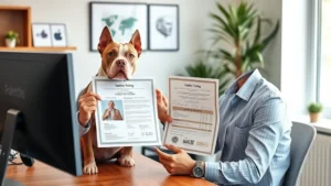 Professional American Bully breeder showing puppy health documentation and genetic testing certificates at wooden desk with computer, modern office environment, natural lighting