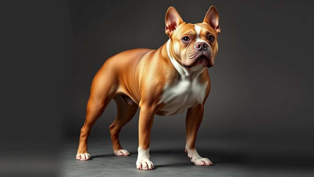 American Bully dog standing in show stance displaying muscular build and proper breed conformation, professional photography setup, neutral background