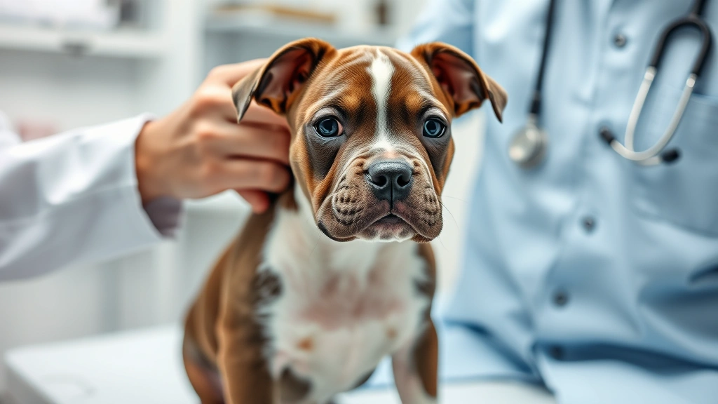 Young American Bully puppy receiving comprehensive health examination from licensed veterinarian in clean clinical veterinary office, stethoscope visible, professional medical setting