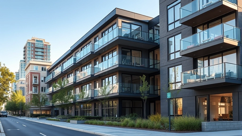 Professional photograph of modern apartment building exterior with contemporary architecture, glass balconies, and landscaping in urban setting, daytime natural lighting, showing multiple stories of residential units