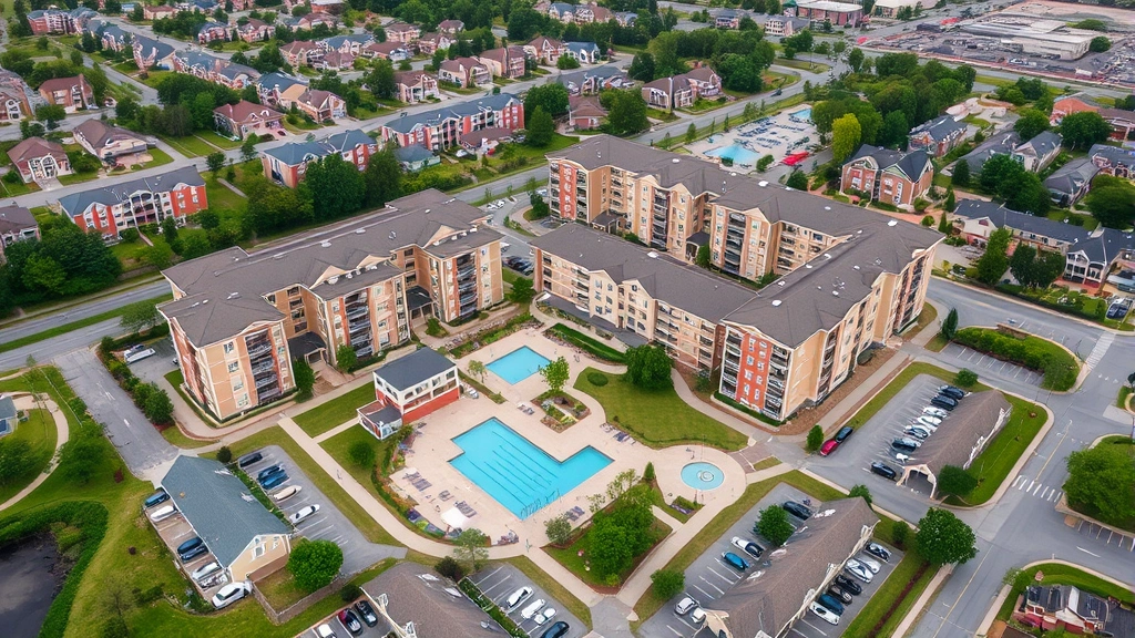 Aerial photograph of large apartment complex community showing multiple buildings, courtyards, swimming pool area, parking facilities, and surrounding neighborhood context during daytime