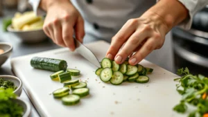 Professional chef preparing fresh Asian cucumbers on white cutting board, showing precise slicing technique with vegetables, sesame seeds, and fresh herbs arranged for cooking demonstration, bright kitchen lighting, close-up food photography