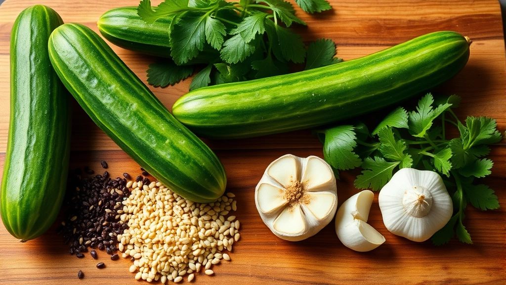 Fresh Asian cucumbers on wooden cutting board with roasted sesame seeds, fresh cilantro and mint herbs, sliced ginger, and garlic cloves displayed for culinary preparation, natural lighting, vibrant produce colors