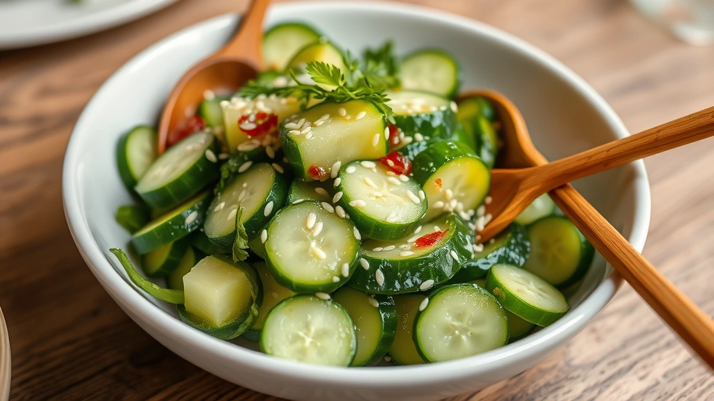 Plated Asian cucumber salad in white ceramic bowl showing vibrant green cucumbers, white sesame seeds, fresh herb garnish, and glossy dressing coating, restaurant-quality presentation with wooden utensils, soft professional lighting