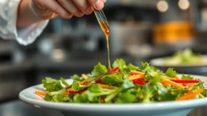 Professional chef hand drizzling glossy sesame-ginger dressing over fresh mixed Asian greens and vegetables in a modern restaurant kitchen, shallow depth of field focusing on the dressing stream
