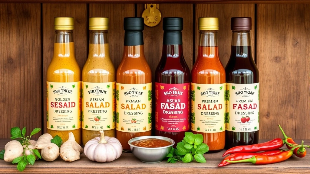 Artfully arranged bottles of premium Asian salad dressings in various colors—golden sesame, deep red chili, amber miso—displayed on a rustic wooden shelf with fresh ingredients like ginger, miso paste, and chilies arranged nearby