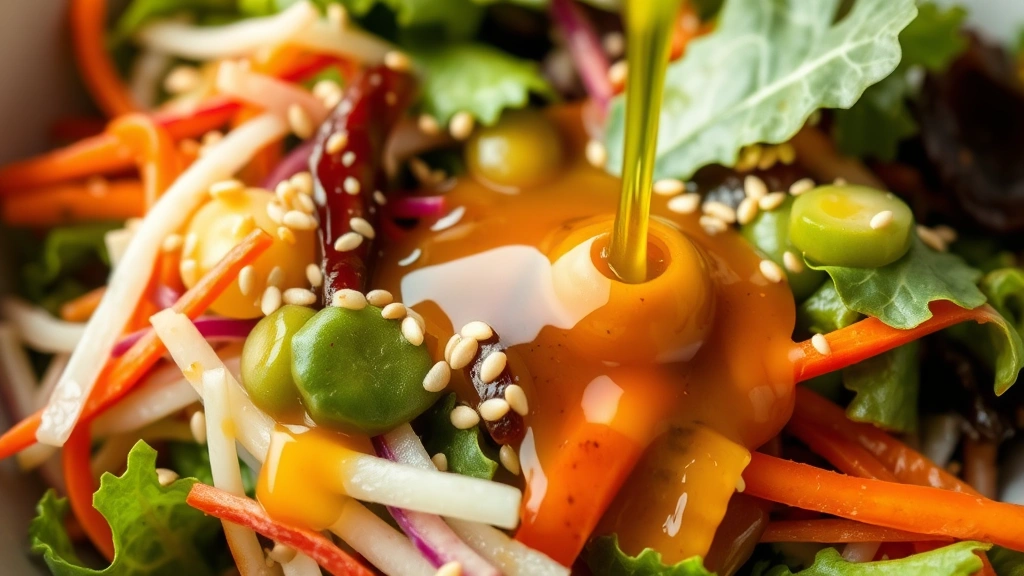 Close-up of a vibrant salad bowl with mixed greens, shredded vegetables, and sesame seeds being tossed with golden Asian dressing, capturing the glossy coating and fresh, appetizing presentation