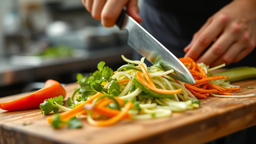 Close-up of hands using sharp knife to julienne vegetables for Asian salad preparation, professional commercial kitchen setting, proper knife technique demonstration