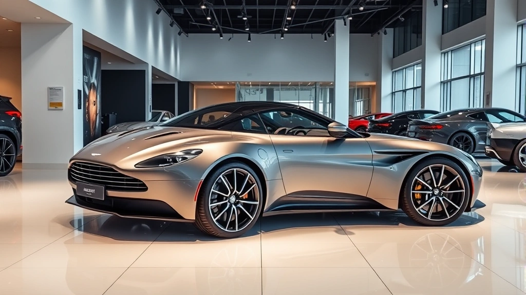 Luxury car dealership showroom with sleek Aston Martin sports car on display under professional lighting, polished floors, modern architecture, no signage or text visible