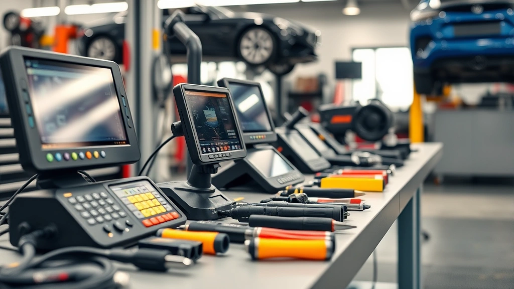 Close-up of high-end automotive inspection tools and diagnostic equipment on workbench, professional mechanic tools arranged neatly, luxury car workshop environment