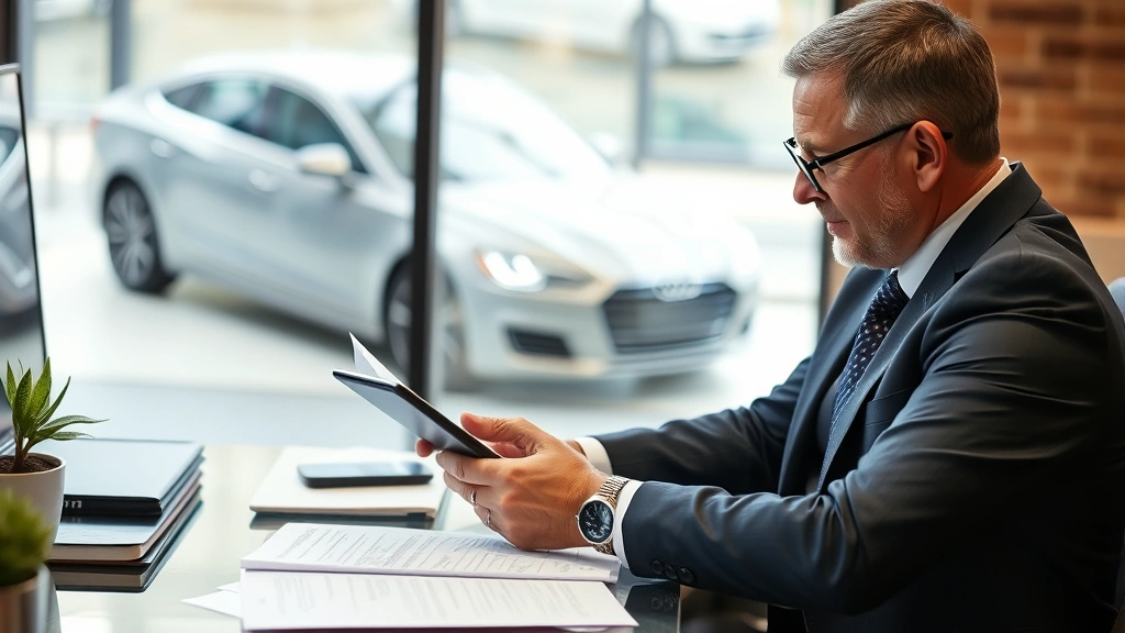 Wealthy businessman reviewing vehicle documents and contracts at desk with tablet and paperwork, professional office setting, blurred luxury car visible through window
