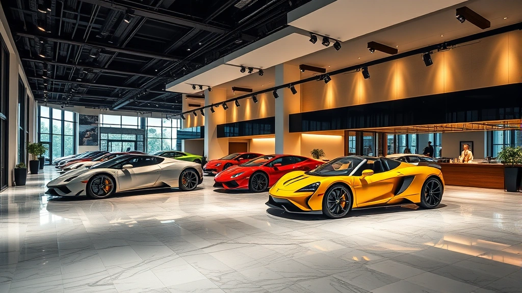 Luxury car showroom interior with professional lighting displaying premium sports cars, polished marble floors, modern architectural design, wealth and exclusivity atmosphere, daytime professional photography
