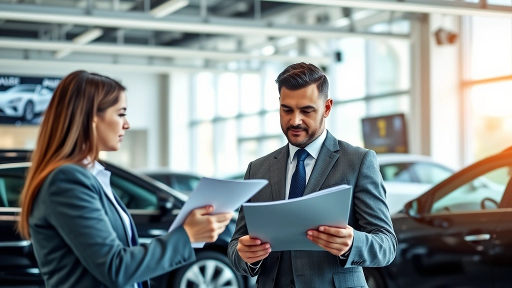 High-end automotive dealership sales professional in business suit reviewing vehicle specifications with client, modern office setting with digital displays, professional negotiation environment