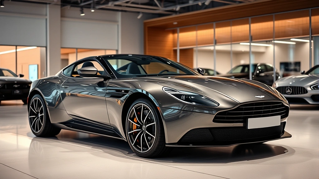 Aston Martin luxury sports vehicle parked in upscale dealer facility with professional backdrop, pristine condition, showroom lighting, representing premium automotive commerce