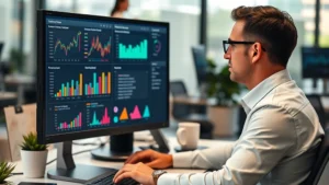 Professional analyst reviewing colorful sales metrics on computer monitor in modern office environment, multiple charts and graphs visible on screen, business casual attire, focused expression