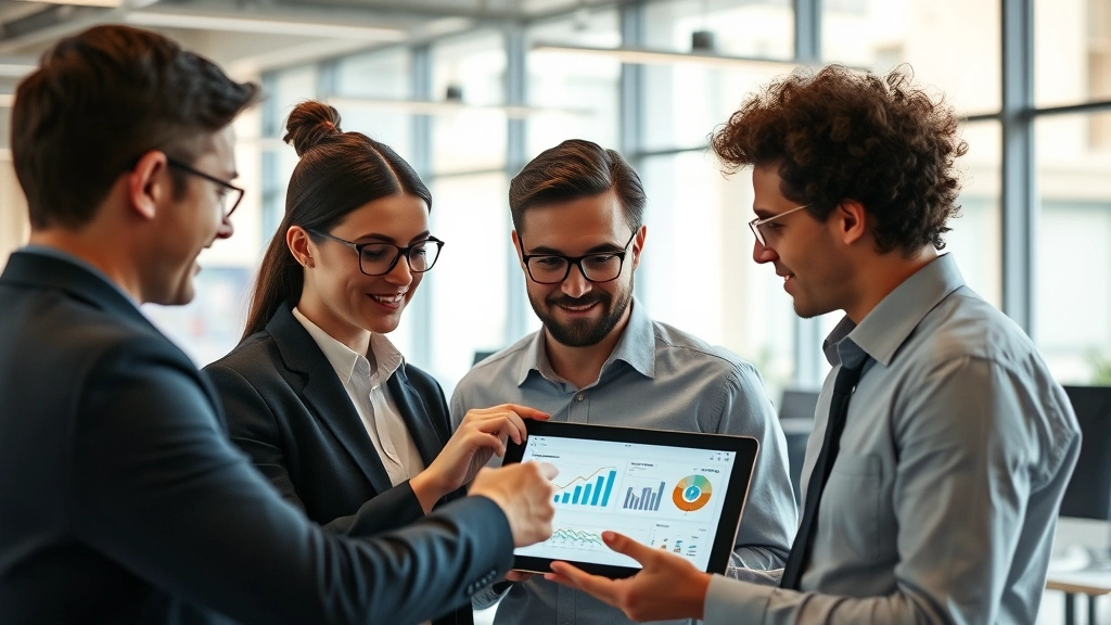 Team of sales professionals collaborating around tablet device displaying performance dashboard with charts, graphs, and KPI indicators in contemporary workspace setting