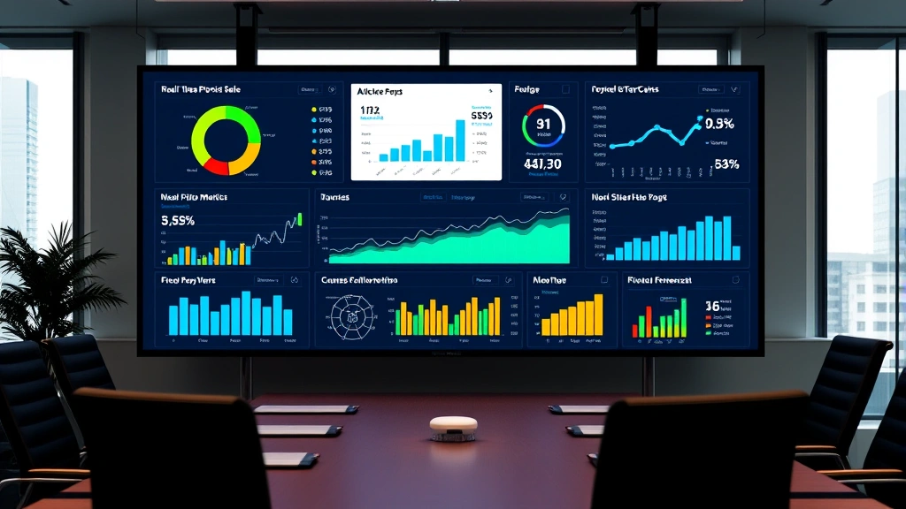 Executive dashboard displayed on large screen monitor showing real-time sales data, pipeline metrics, and revenue forecasts with interactive visualization elements in corporate boardroom