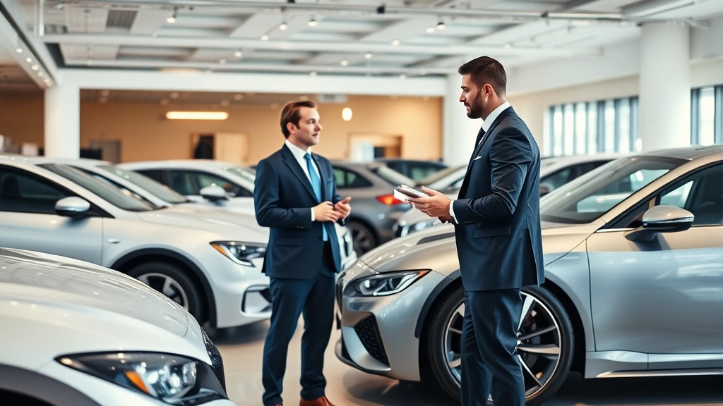 Luxury car dealership showroom with multiple premium vehicles displayed, professional salesperson consulting with customer in business attire, modern bright lighting, premium interior design aesthetic