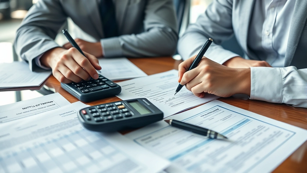 Dealership paperwork and documentation spread across desk with calculator and pen, contract signing moment between dealer and customer, financial documents and title paperwork visible, professional office environment