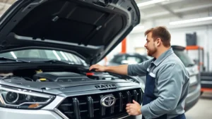 Professional automotive technician examining under hood of silver compact luxury SUV, checking engine components and fluid levels, bright service bay lighting, no visible text or branding