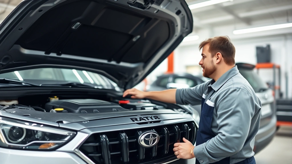 Professional automotive technician examining under hood of silver compact luxury SUV, checking engine components and fluid levels, bright service bay lighting, no visible text or branding