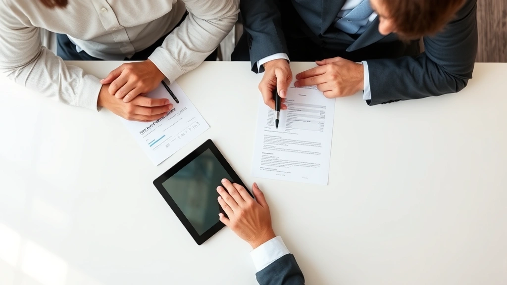 Overhead view of car salesperson and buyer reviewing documents and digital tablet at dealership desk, financial paperwork and pen visible, modern office environment, natural professional lighting