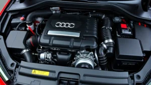 Close-up of Audi RS3 engine bay showing turbocharged five-cylinder engine with detailed mechanical components visible, professional automotive photography lighting, no text or signage