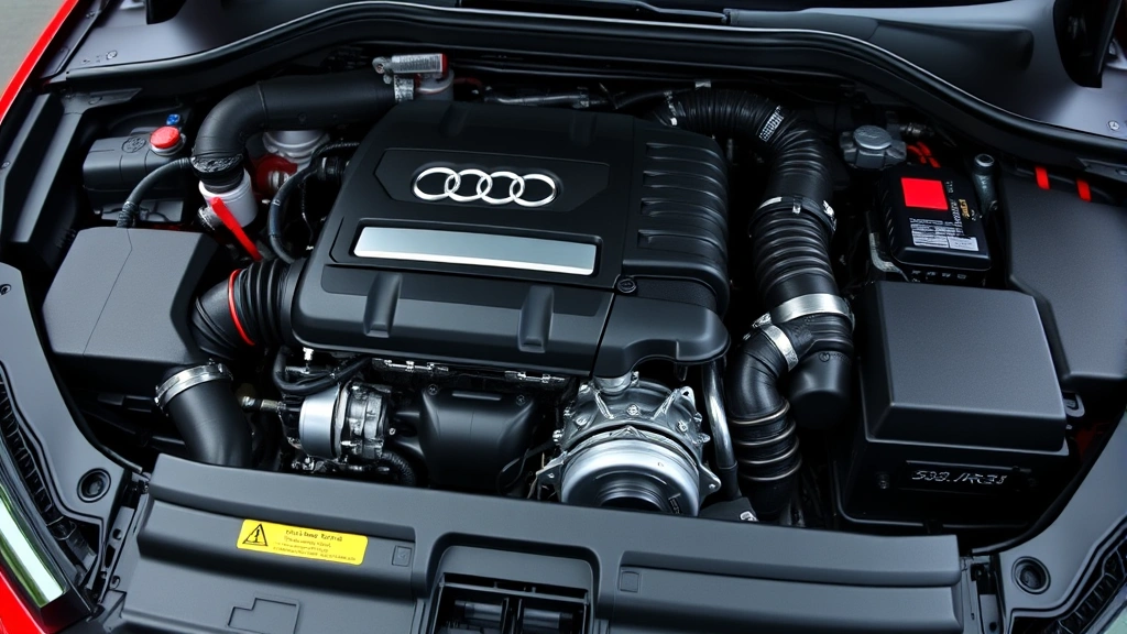 Close-up of Audi RS3 engine bay showing turbocharged five-cylinder engine with detailed mechanical components visible, professional automotive photography lighting, no text or signage